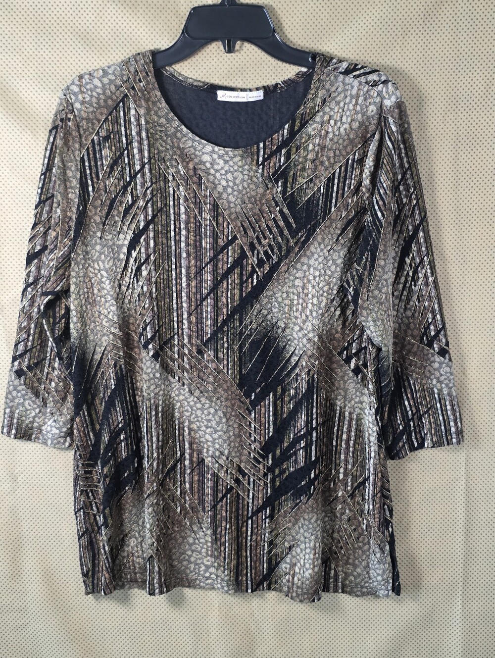 JM Collection Women Abstract Geometric Print Tunic Top L Brown Black 3/4 Sleeve